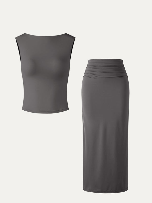 2Pcs Set Open Back Brami Tank & Pencil Maxi Skirt Dark Grey
